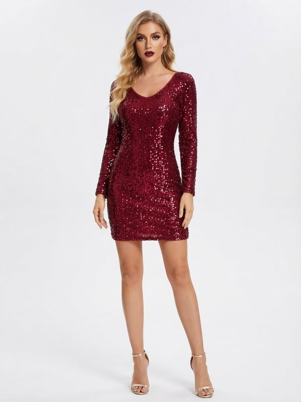 BloomChic Red Sequin Long Sleeve Stretchy Mini V-Neck Cocktail Dress Size 14